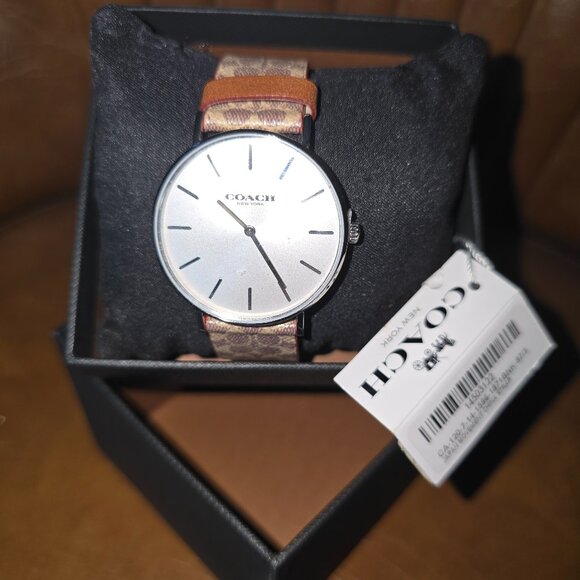 Coach Perry silver tone Brown signature leather strap NWT NIB - Picture 1 of 8